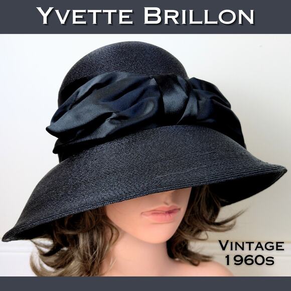 VTG 1960s Yvette Brillon Black Straw Wide Brim Hat Satin Bow Montréal Canada - Picture 1 of 12